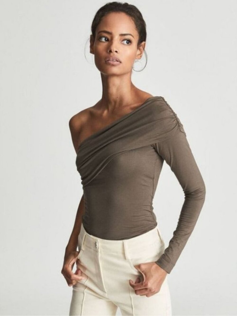 Reiss Hayley Jersey Asymmetric One Shoulder Top Mocha Size Large